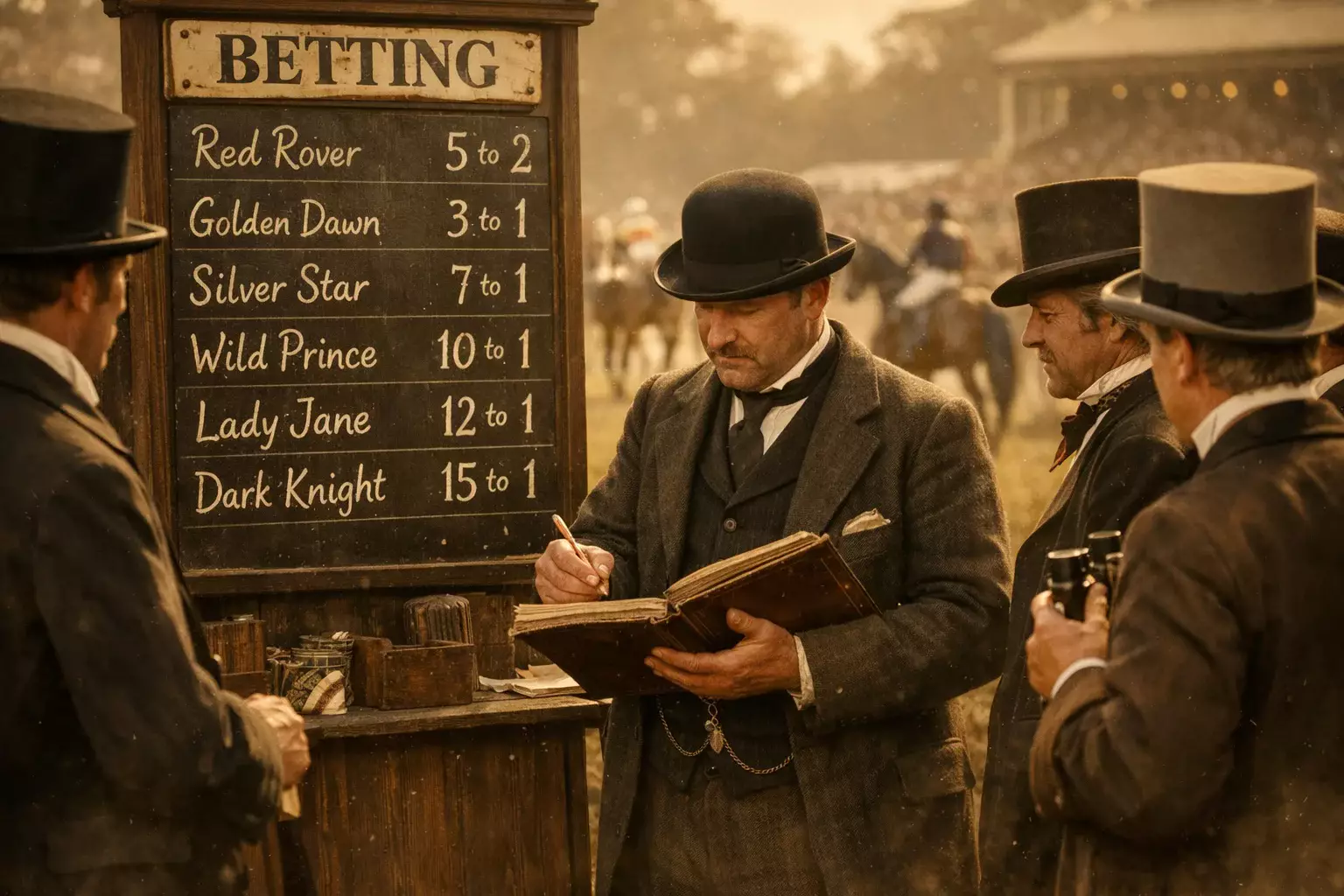 Historische Szene einer englischen Pferderennbahn mit Buchmachern und Zuschauern