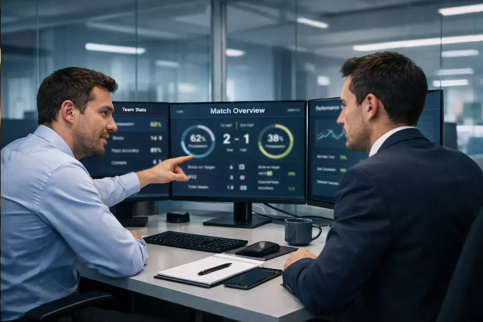 Analysten am Bildschirm mit Quotenübersicht und Statistiken