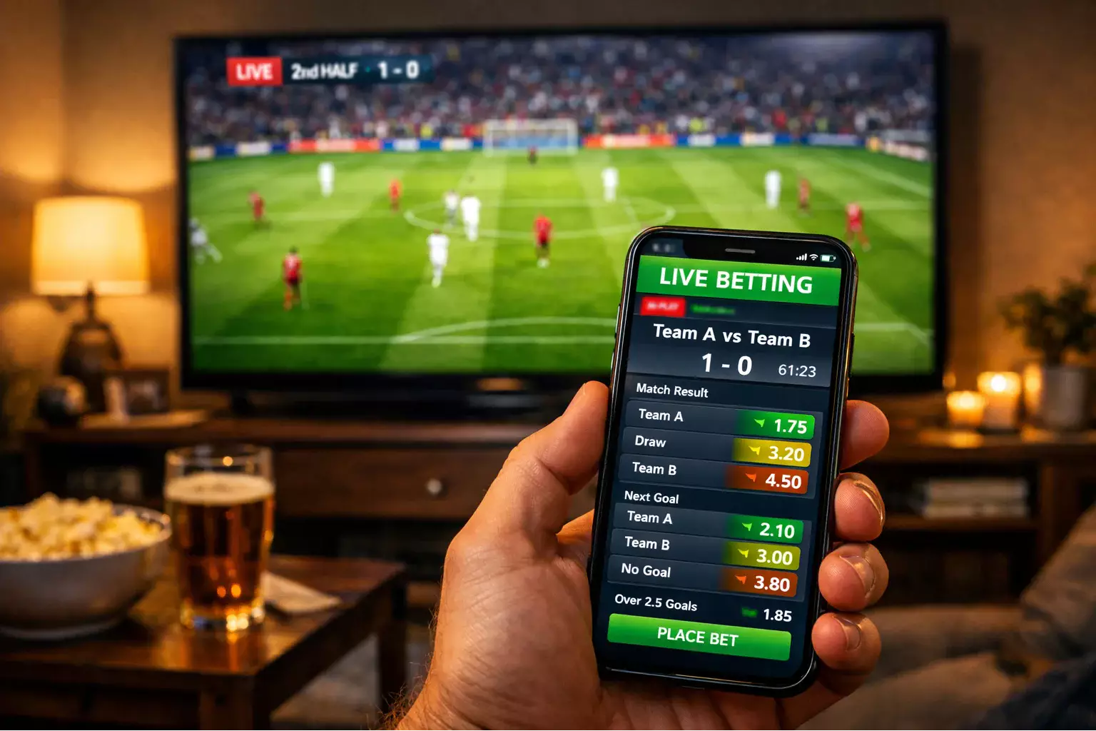 Fussballspiel auf einem Bildschirm mit Live-Wetten-Interface