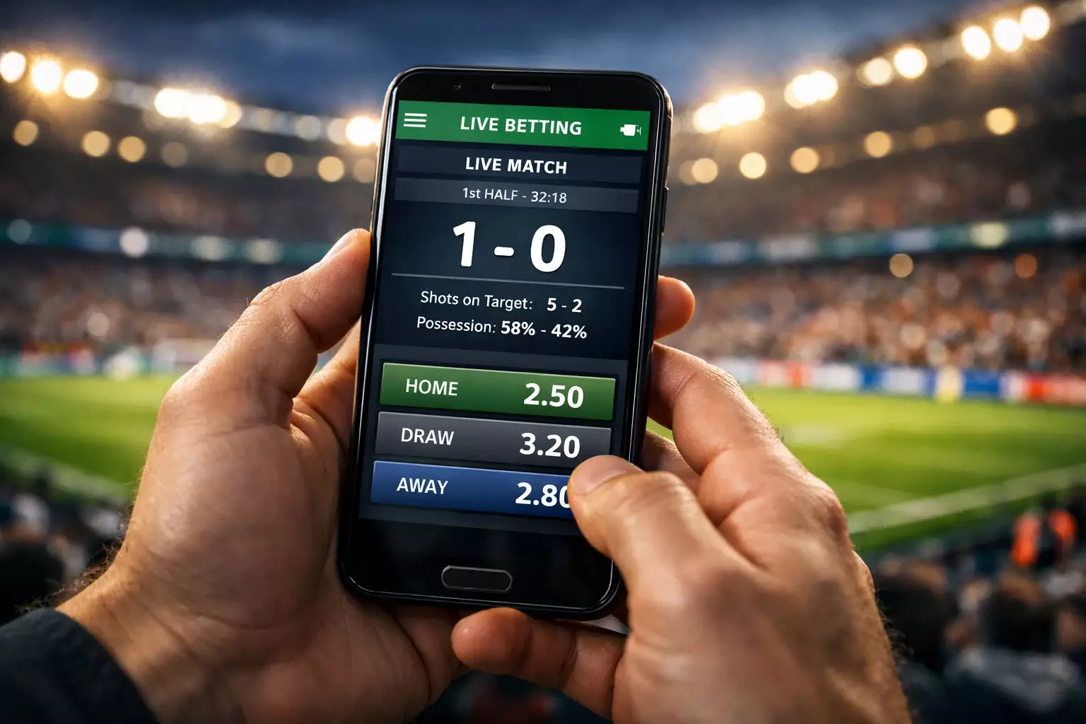 Smartphone mit Live-Wetten-App vor Fussballstadion im Hintergrund