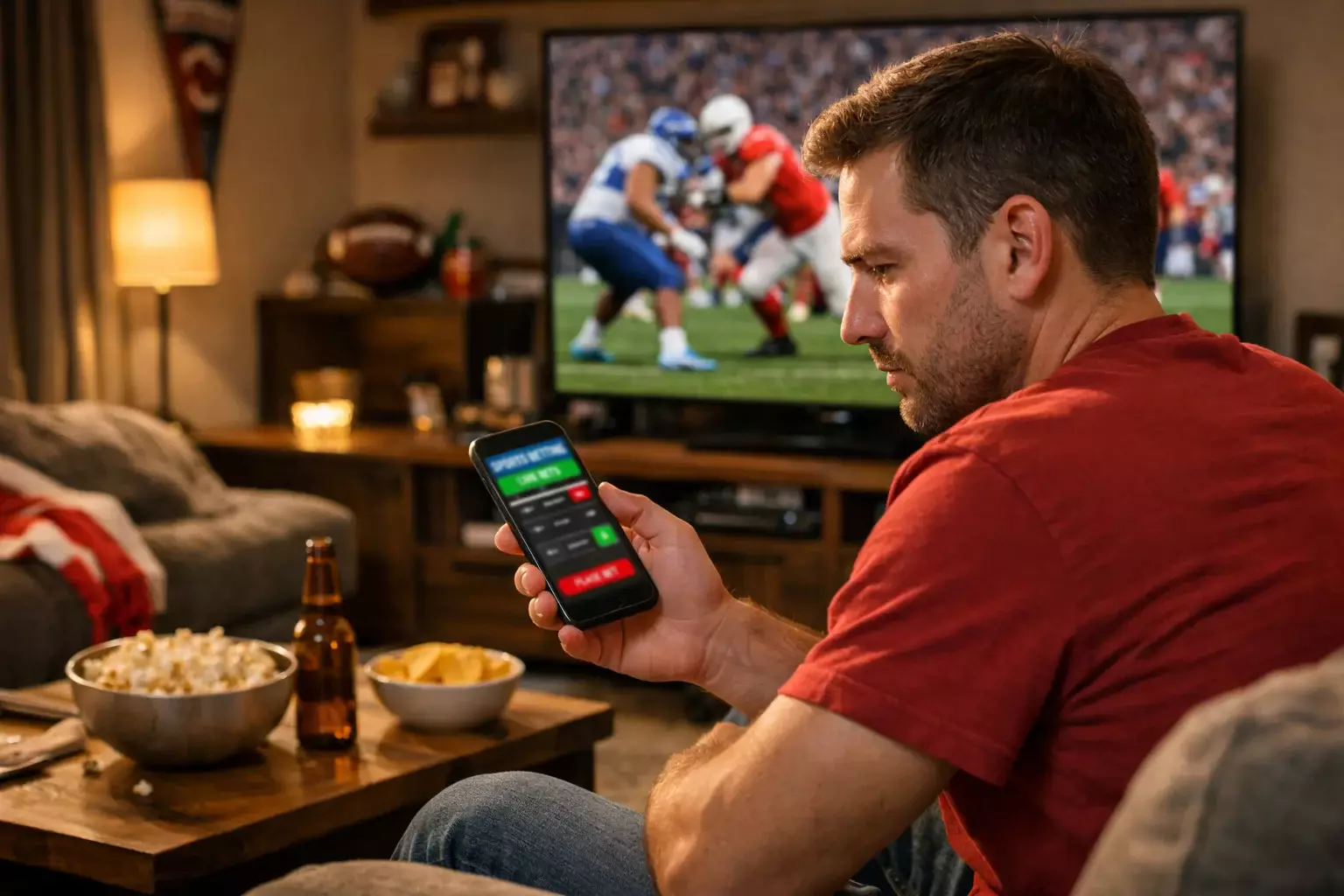 Person beobachtet Fussballspiel auf TV und hält Smartphone