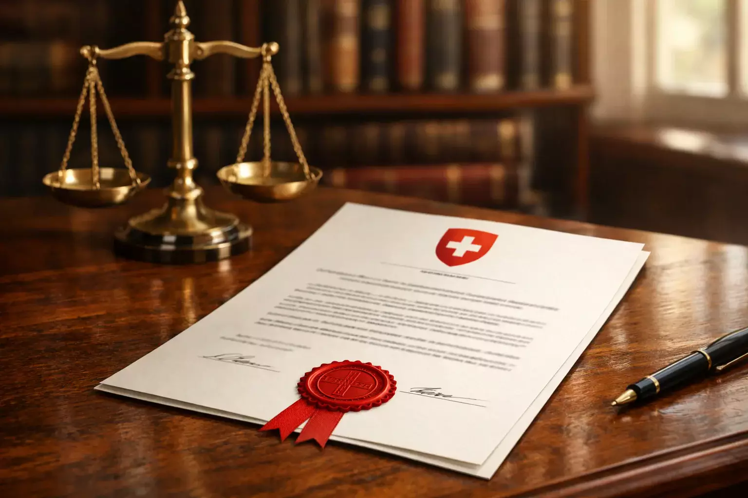 Schweizer Gesetzesdokument mit Waage der Gerechtigkeit