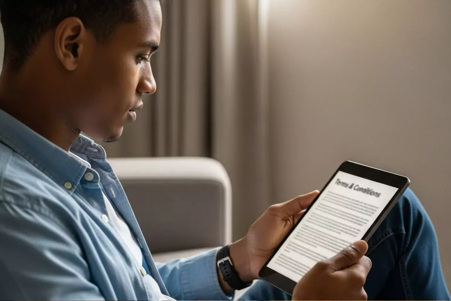 Person liest Bonusbedingungen auf einem Tablet