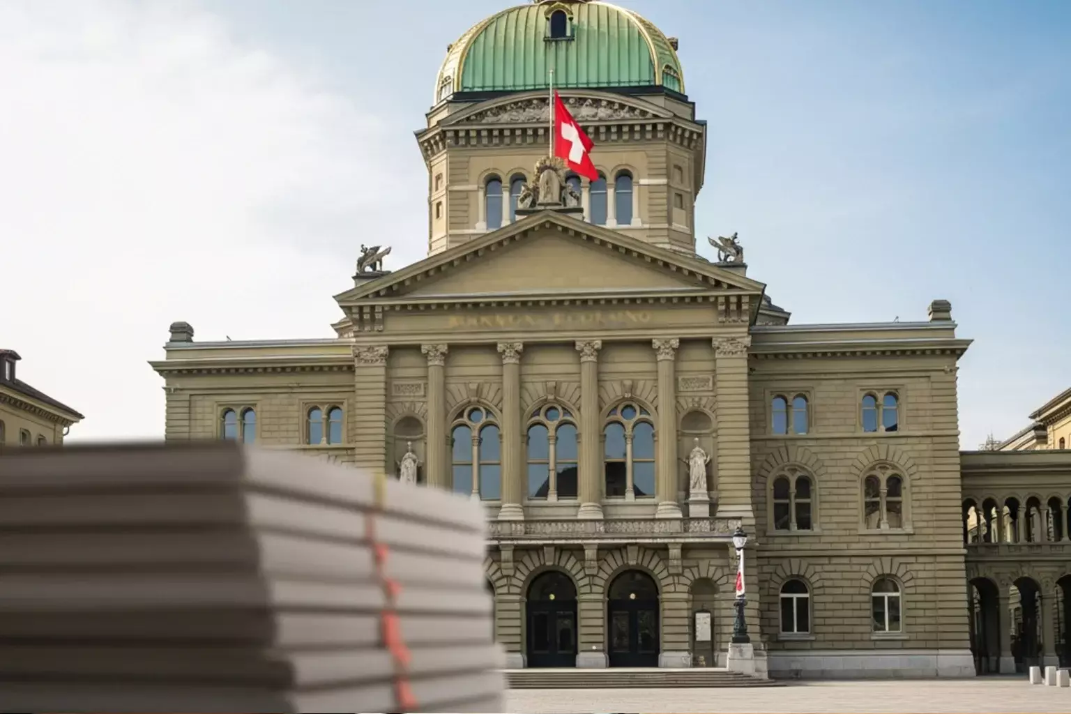 Bundeshaus in Bern mit Schweizer Gesetzestexten