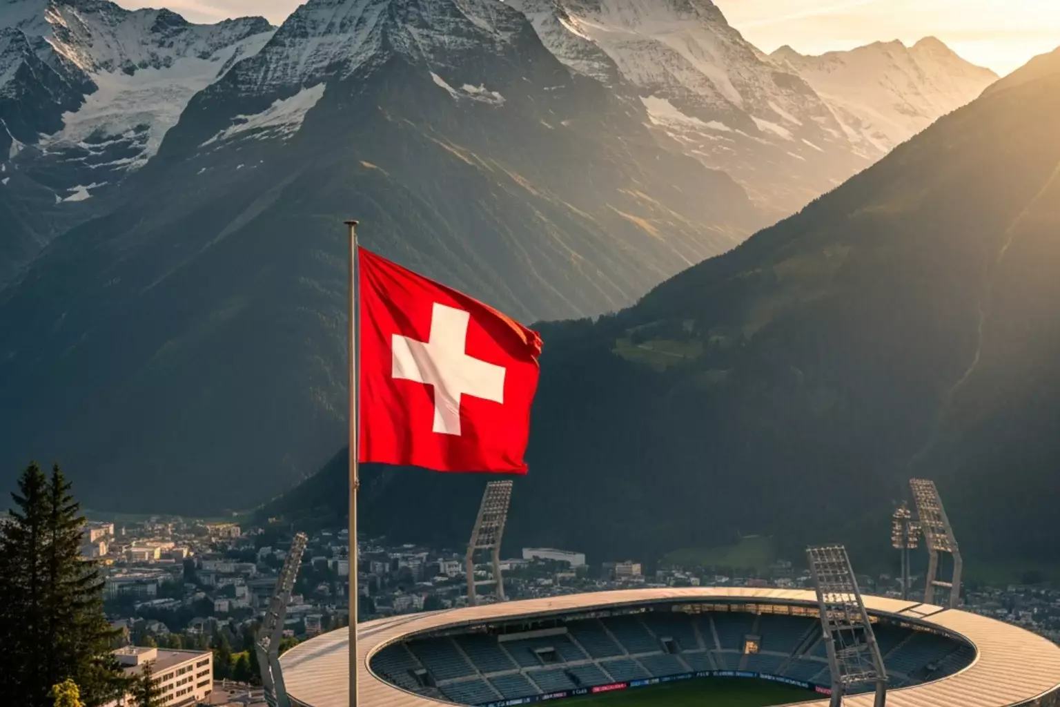 Schweizer Flagge vor Alpenpanorama mit Sportstadion