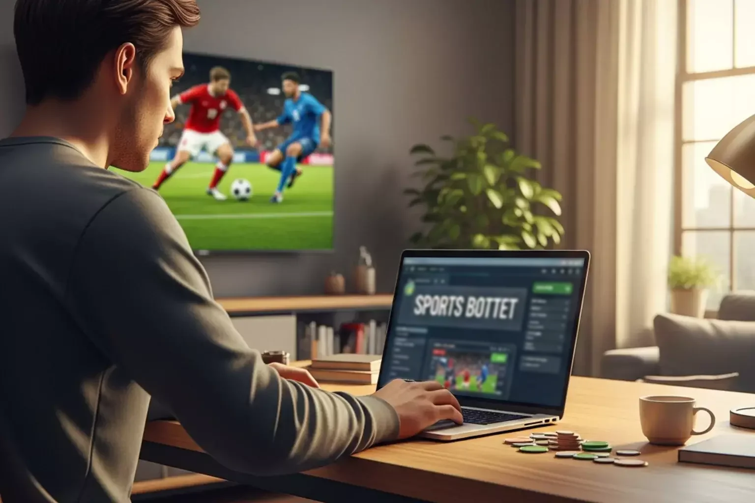 Sportwetten-Analyse mit Laptop und Fussballspiel im Hintergrund