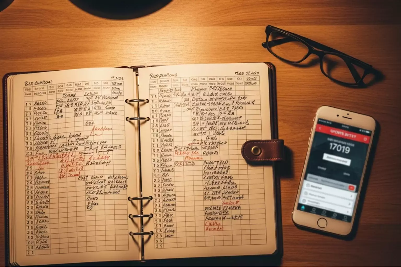 Notizbuch mit Wettstatistiken neben einem Smartphone